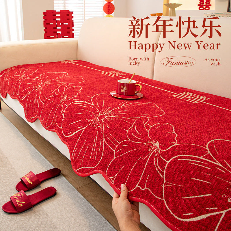 严选新年喜庆沙发垫子新款四季通用直排异形沙发坐垫红色结婚盖布