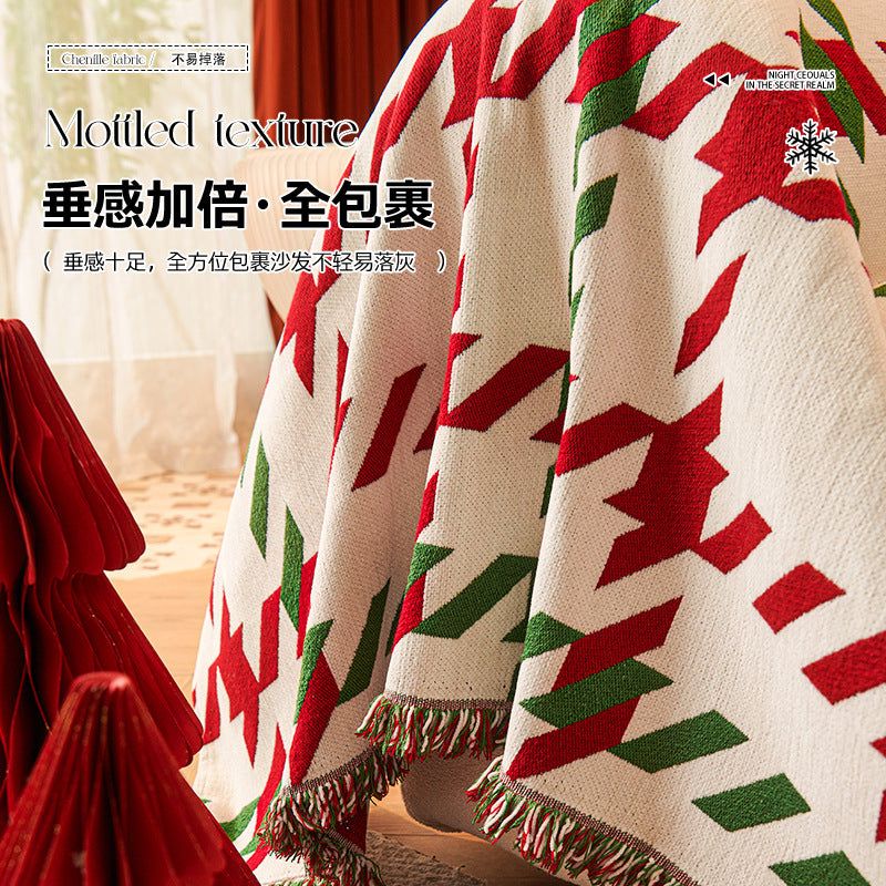 圣诞沙发盖布新年氛围感红色沙发套罩喜庆盖巾沙发装饰高级感盖毯